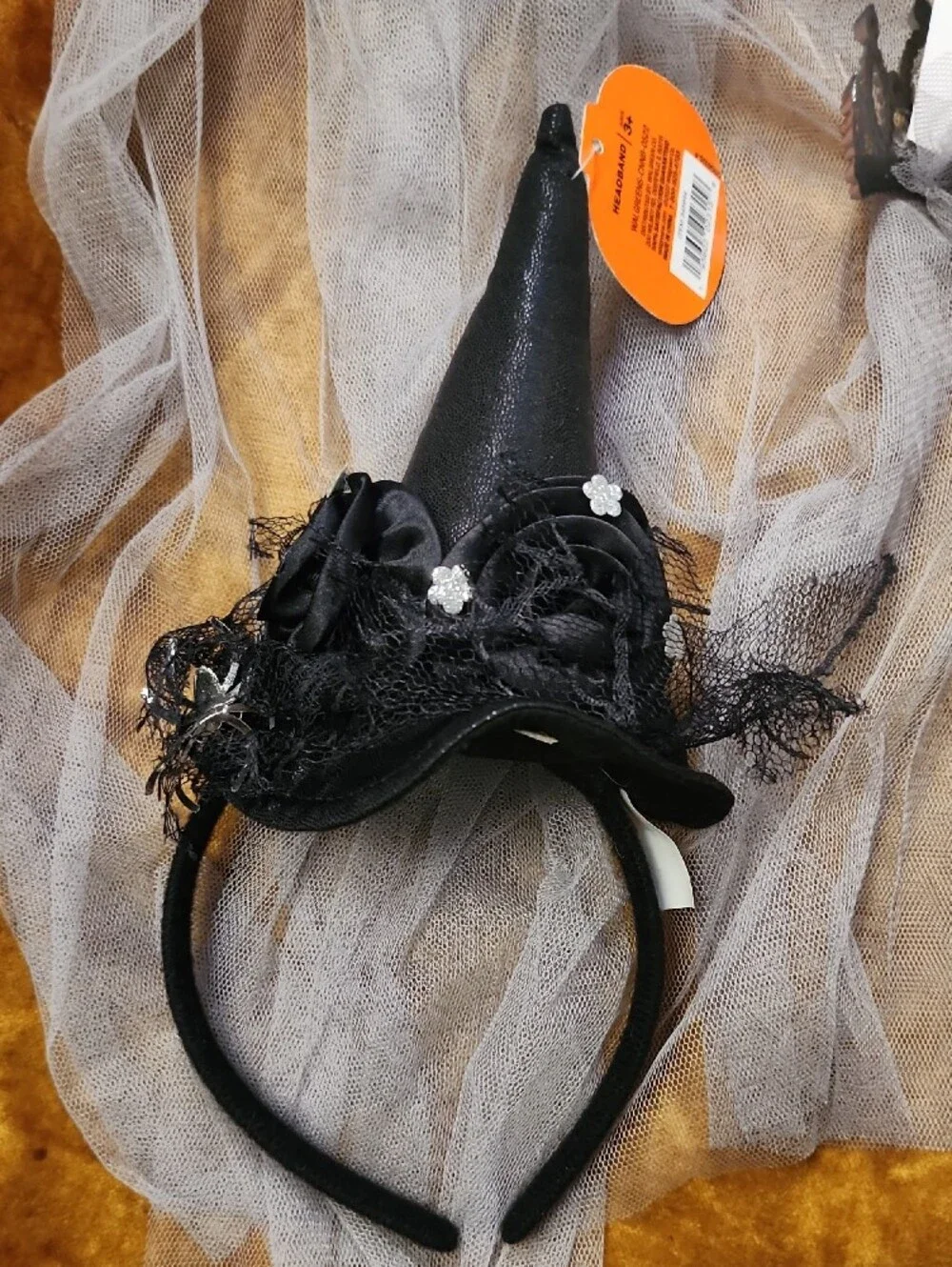 (3pc) Black Witch Hat Headband and Silver Tiara Set